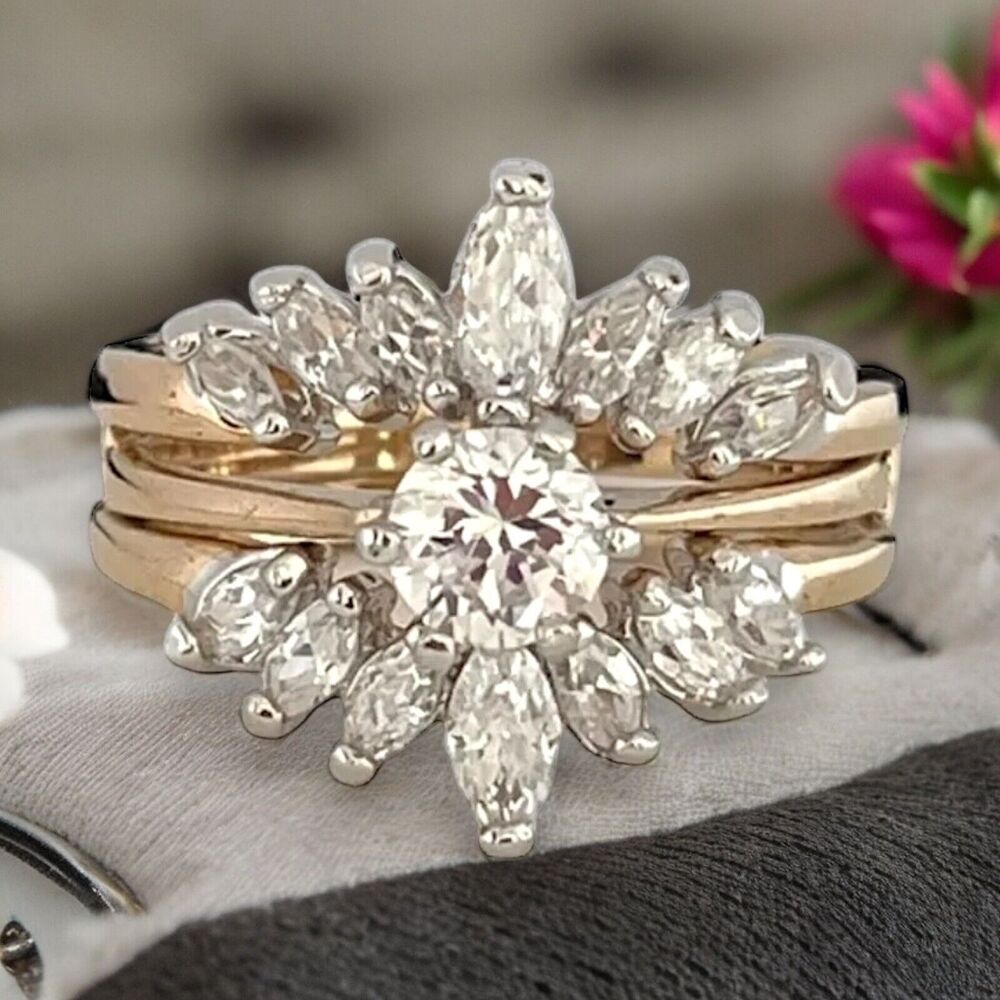 Vintage 1980s Wedding Ring Set Size 6 Cubic Zirconia 14K Gold Plate - 14F